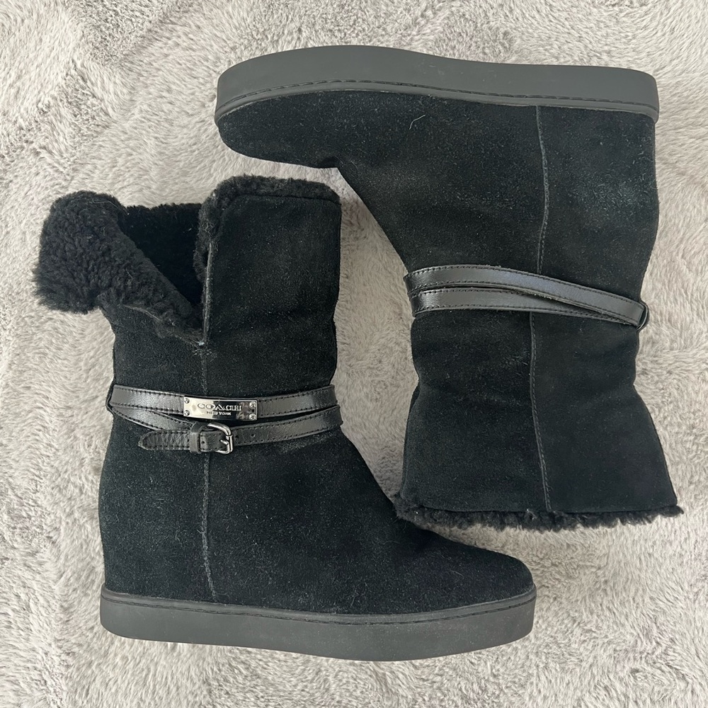 Coach Women's Norell Boot Size US 8.5 Hidden Wedge black Suede Fold Down